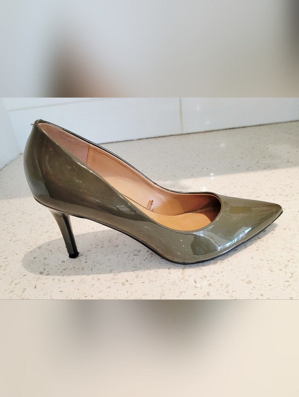 Calvin Klein Olive Green Patent Pumps | Size 8.5 | 3.5" Heel - Picture 5 of 8